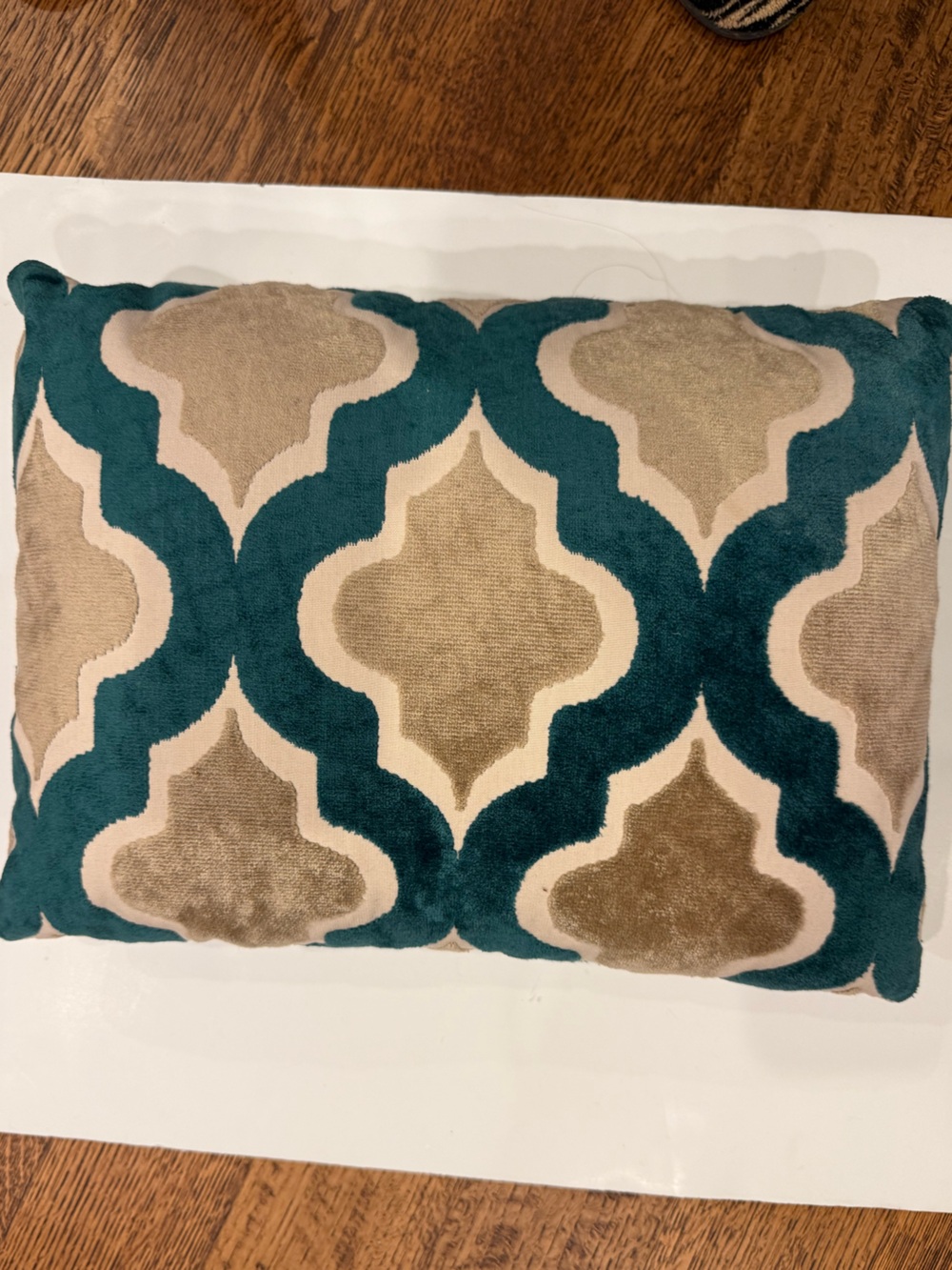 Designer Teal Taupe Velvet Down Lumbar Throw Pillow Moroccan Trellis 17x13